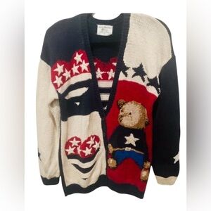 Vtg Marisa Christina Cardigan Sweater Sz M Teddy Bear Hearts USA Flag Patriotic